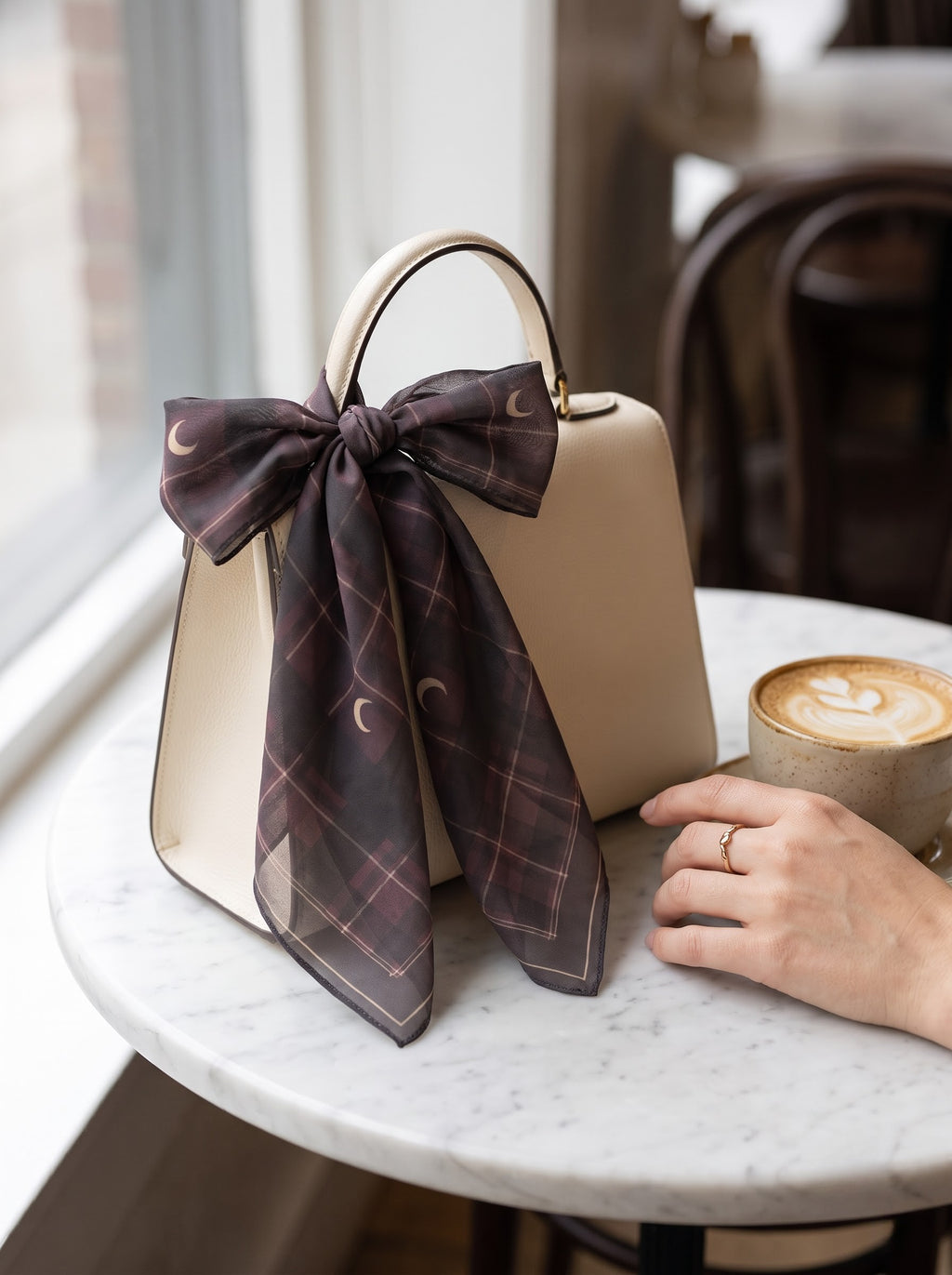 Plum Tartan Moons chiffon scarf tied in a bow on a cream handbag beside a latte