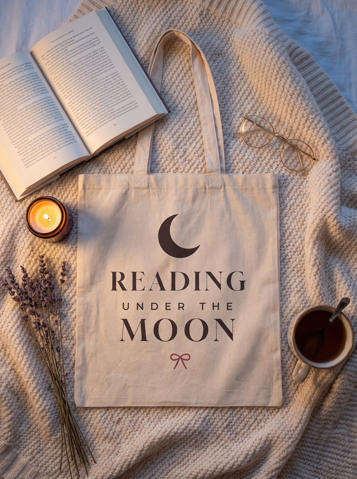 Reading Under the Moon canvas tote flat lay with an open book, candle, tea and dried lavender