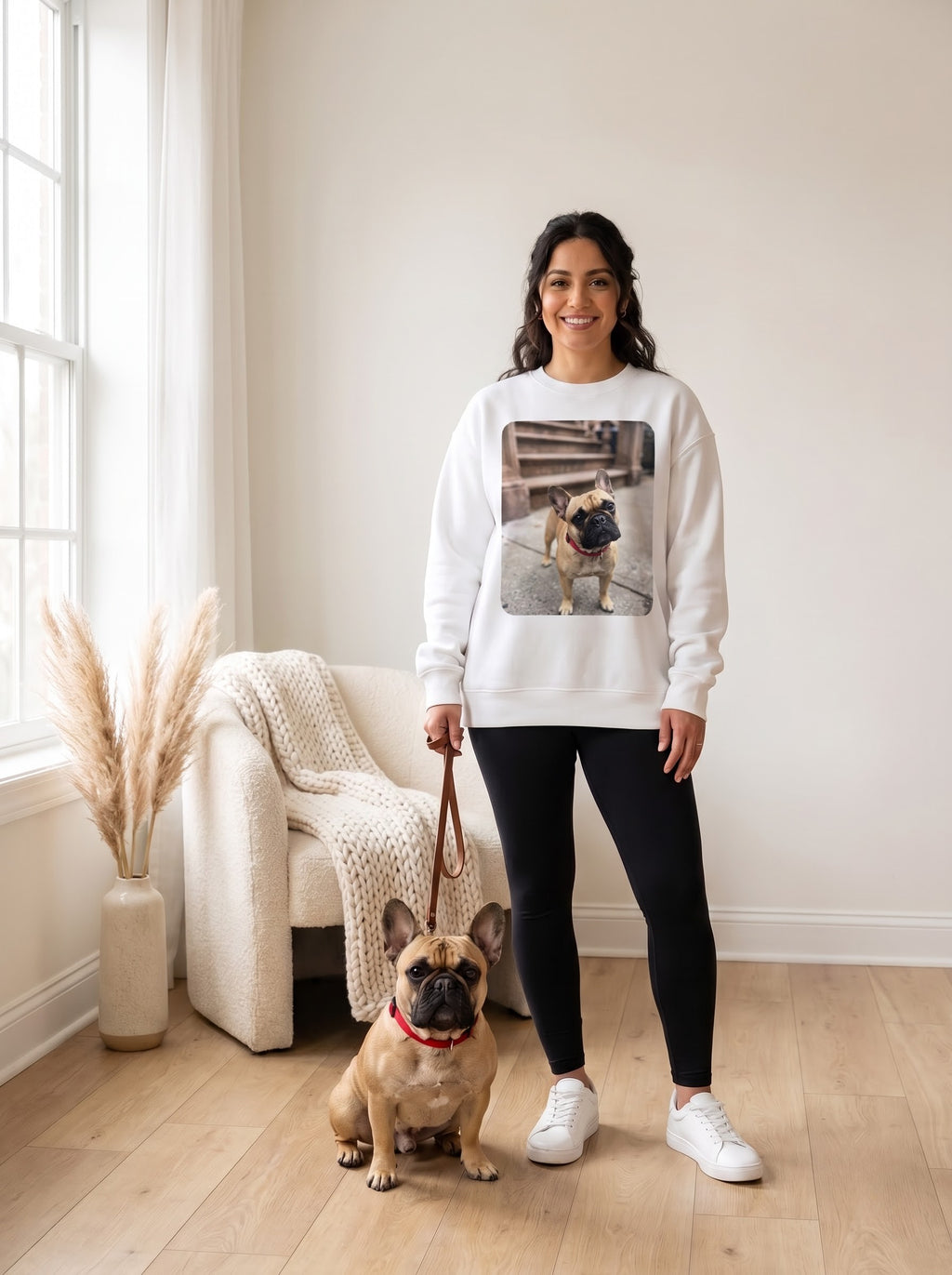 White custom sweatshirt with a full-size dog photo print and no text