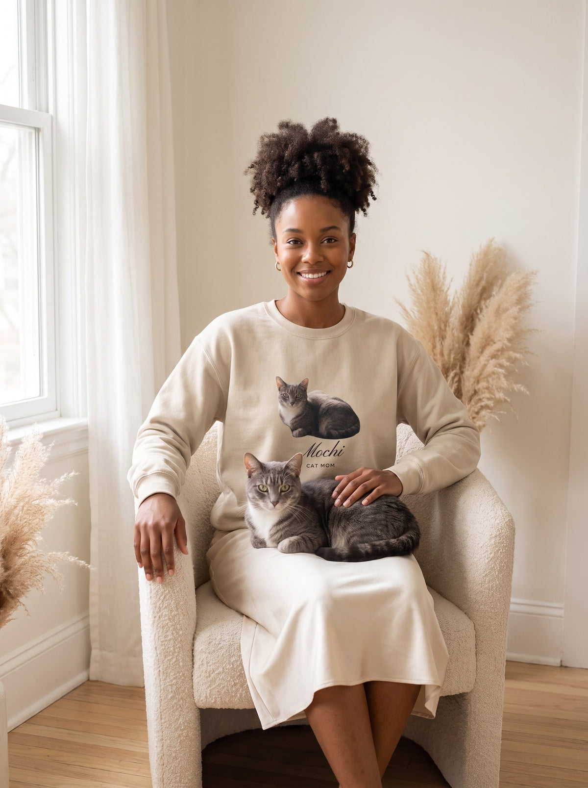 Sand custom cat mom sweatshirt with a background-removed cat photo and name