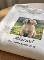 Close-up of the matte DTG photo print and script name on the custom sweatshirt