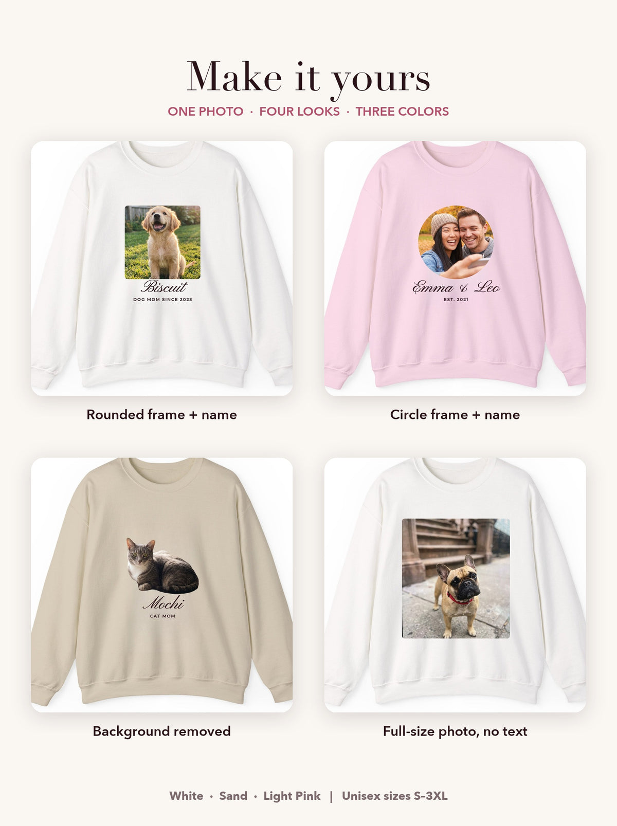 Four custom photo sweatshirt styles: rounded frame, circle frame, background removed, full-size photo