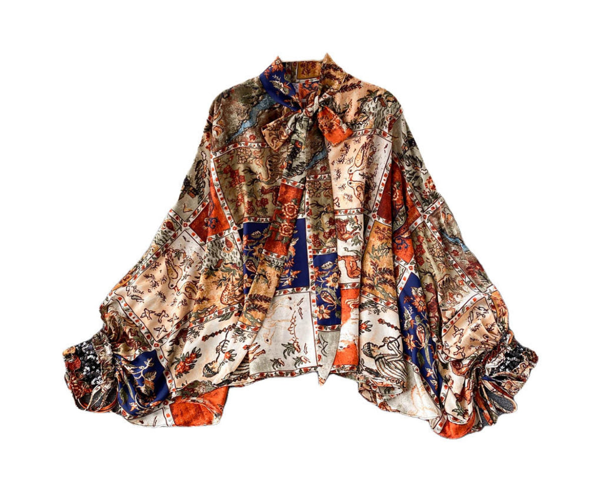 Autumn Muse bow tie floral blouse flat lay