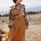 Autumn Muse bow tie floral blouse in saffron floral print, front view