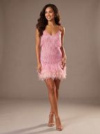 After Midnight sequin fringe feather mini dress in pink, full-length studio view
