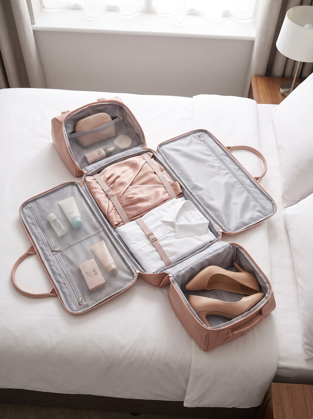 Pink Getaway garment duffle bag unzipped and opened flat on a hotel bed, packed with a dress, shirt and heels