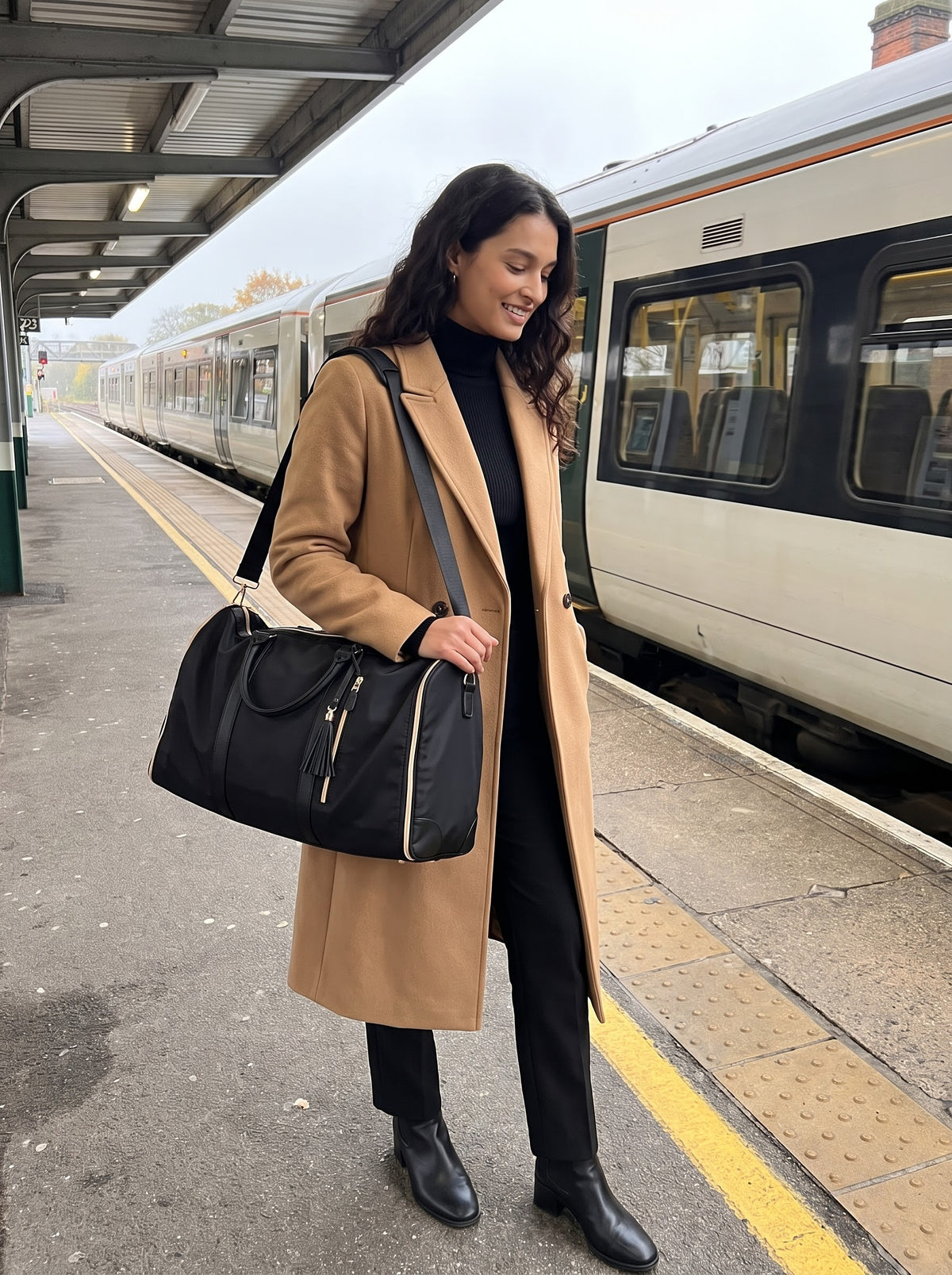 Woman with the black Getaway duffle bag on her shoulder on a train platform