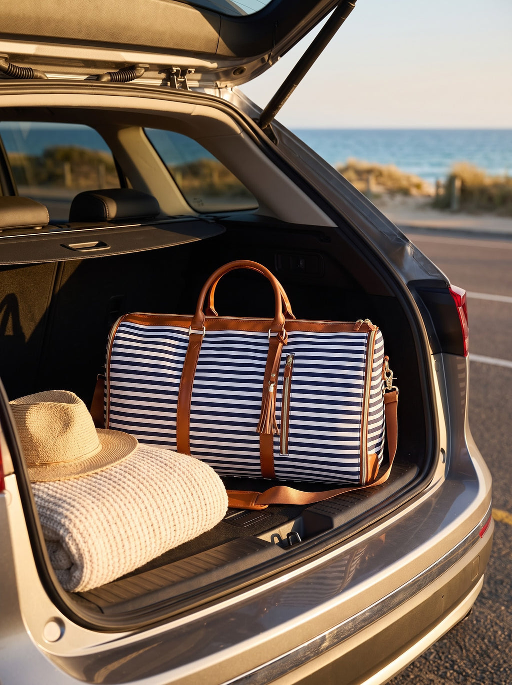 Navy striped Getaway garment duffle bag in the trunk of a car on a weekend trip