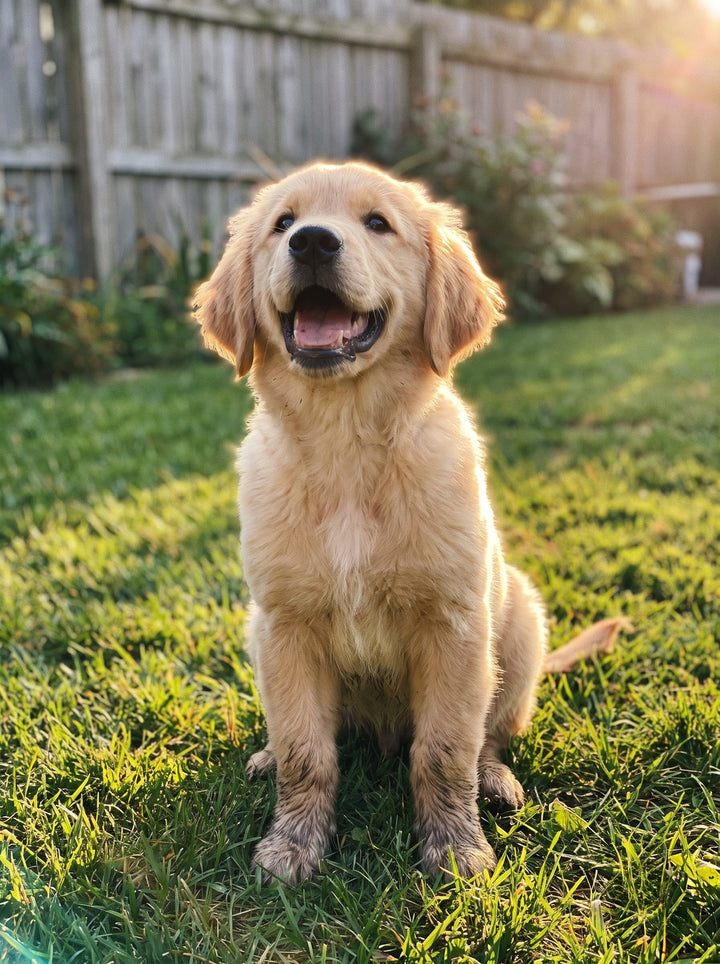 Cachorro golden retriever sentado en el césped