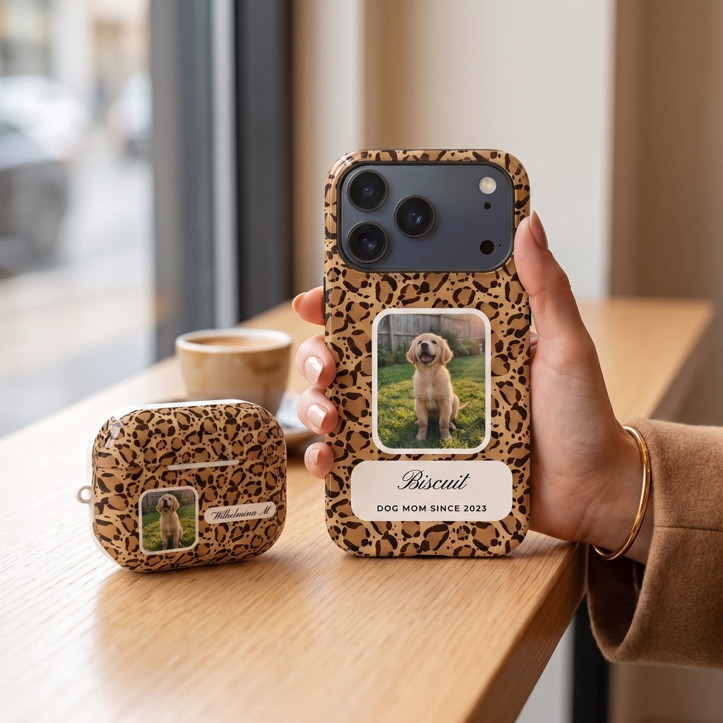 Matching leopard custom photo phone case and AirPods Pro 3 case with the same golden retriever photo
