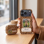 Matching leopard custom photo phone case and AirPods Pro 3 case with the same golden retriever photo