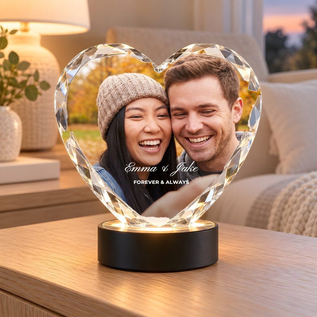 Custom Photo Crystal Heart with LED Base, example personalised design