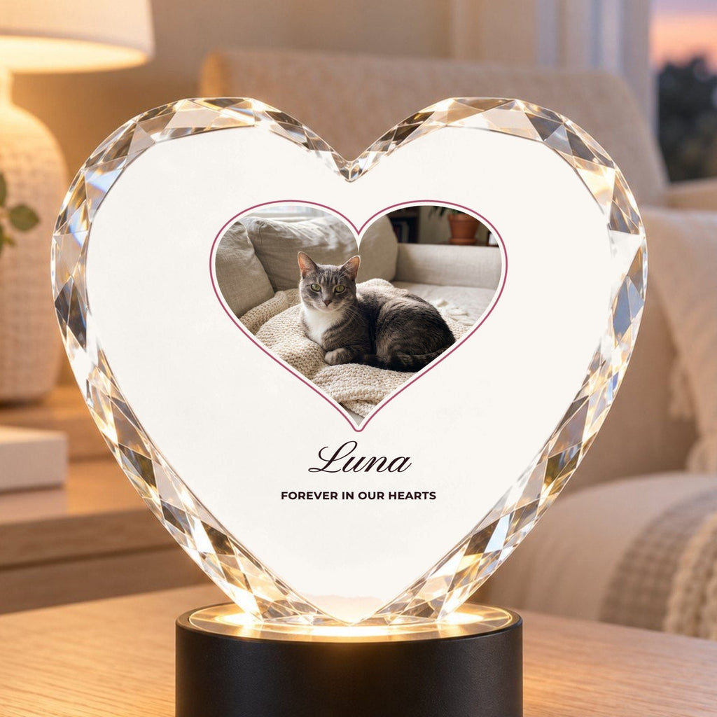 Custom Photo Crystal Heart with LED Base, close-up of the personalised print