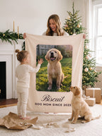 Christmas morning reveal of a personalized dog photo blanket with mom, daughter and puppy