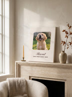 Personalized pet portrait canvas with name – golden retriever puppy canvas on a plaster mantel