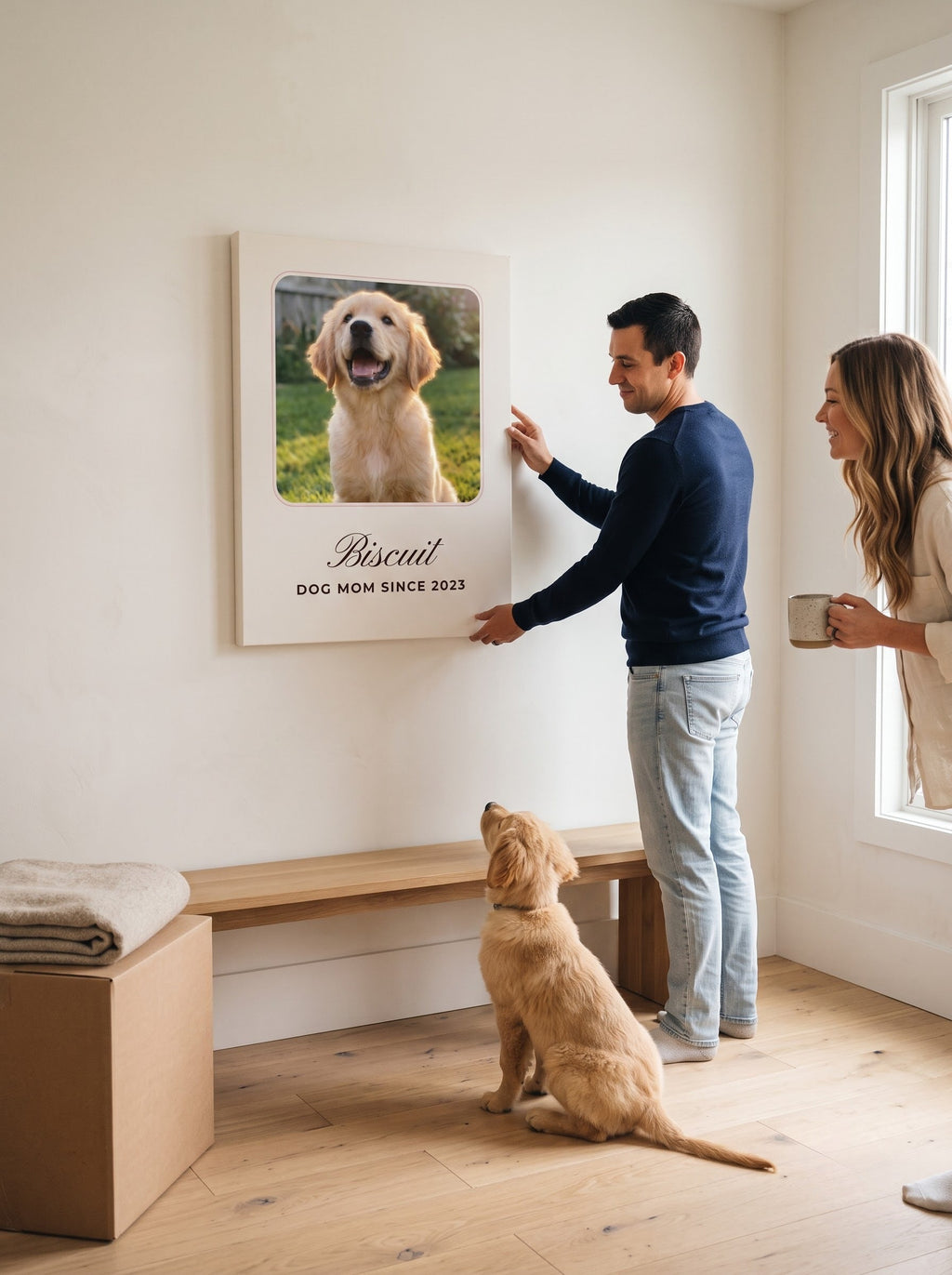 Couple hanging a personalized pet canvas in their new home while the puppy watches