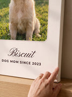 Close-up of the canvas weave and printed name on a personalized pet portrait