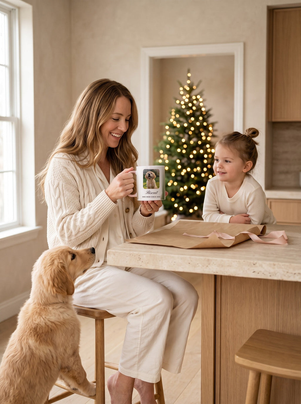 Christmas morning in the kitchen with a personalized dog photo mug, mom, daughter and puppy