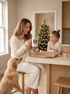 Christmas morning in the kitchen with a personalized dog photo mug, mom, daughter and puppy