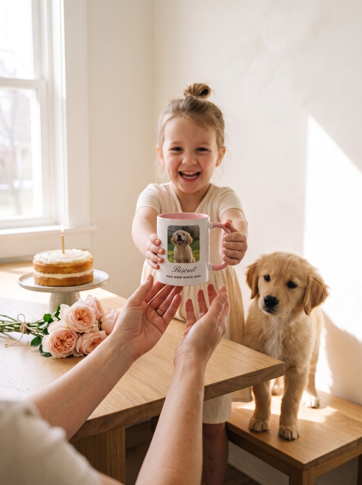 Little girl surprising mom with a custom puppy photo mug for her birthday