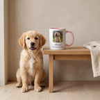 Golden retriever puppy sitting beside his own custom photo mug