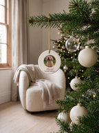 Personalized pet photo Christmas ornament – round ceramic ornament with puppy photo and Our First Christmas on a fir tree