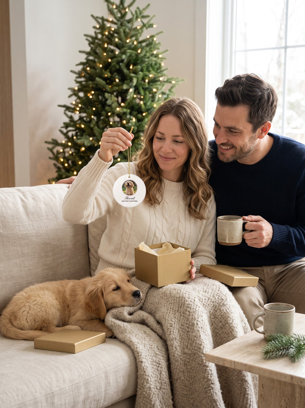 Couple unwrapping a personalized dog photo ornament from its gold gift box on Christmas morning