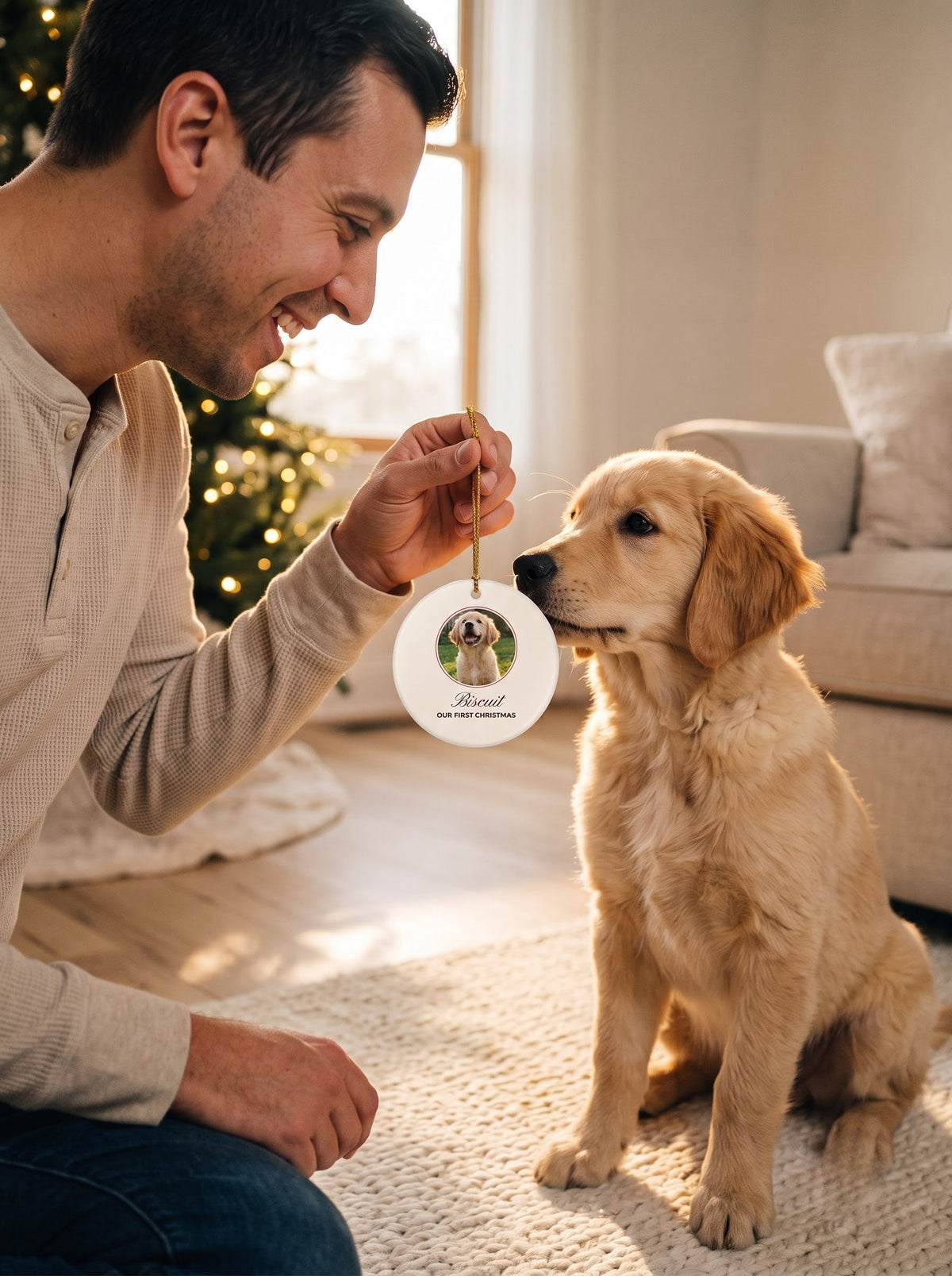 Dad showing a golden retriever puppy his own custom photo ornament