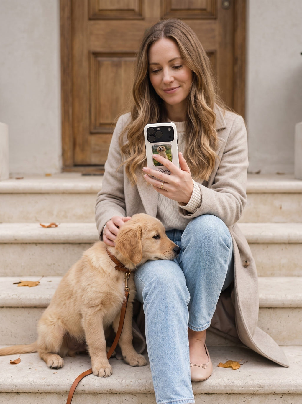Woman on autumn front steps holding a custom puppy photo phone case with her dog