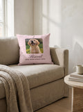 Personalized pet photo pillow with name – blush pillow with golden retriever puppy on a linen sofa