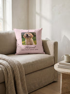 Personalized pet photo pillow with name – blush pillow with golden retriever puppy on a linen sofa