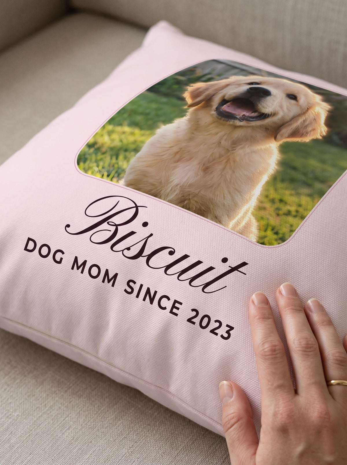 Close-up of the soft fabric and printed name Biscuit on a personalized pet pillow