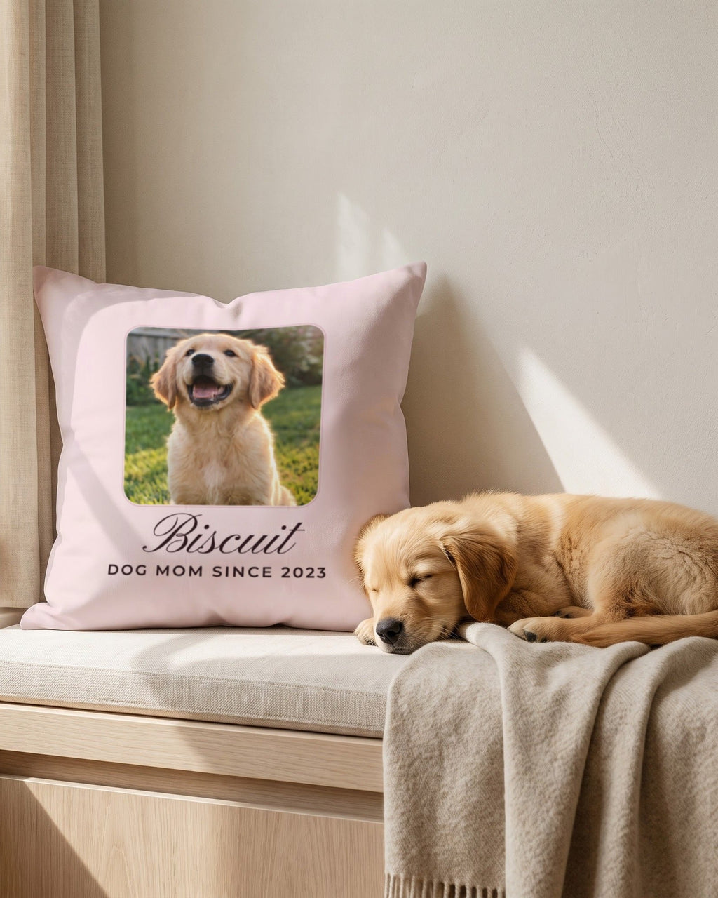Golden retriever puppy sleeping next to his own custom photo pillow on a window seat