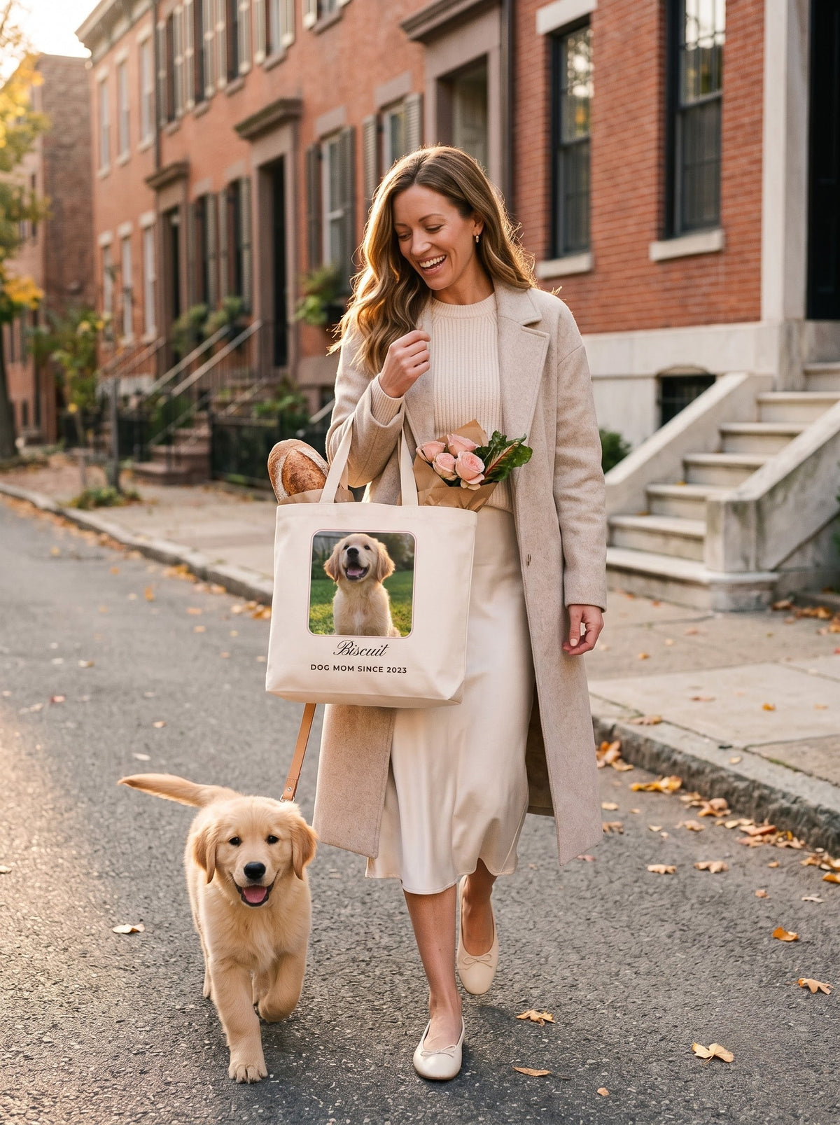 Woman walking her puppy to the Saturday market with a custom dog photo tote bag