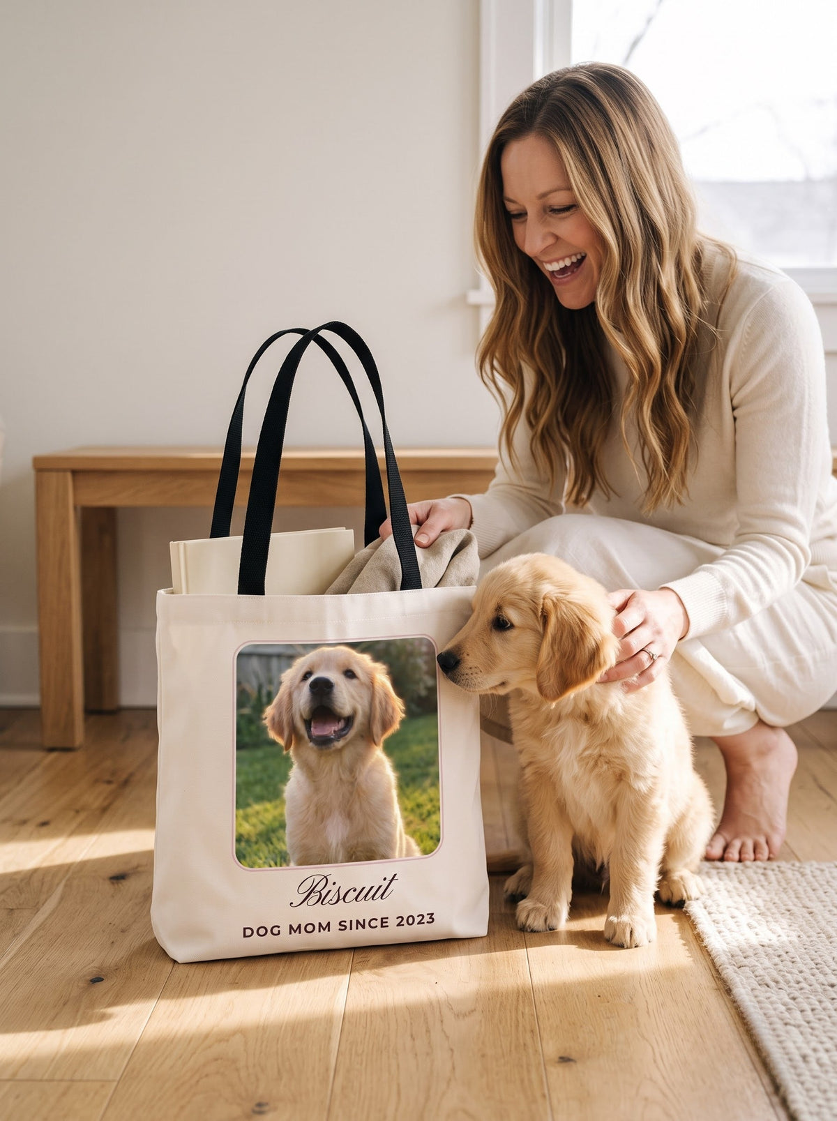 Golden retriever puppy meeting his own face on a custom photo tote bag