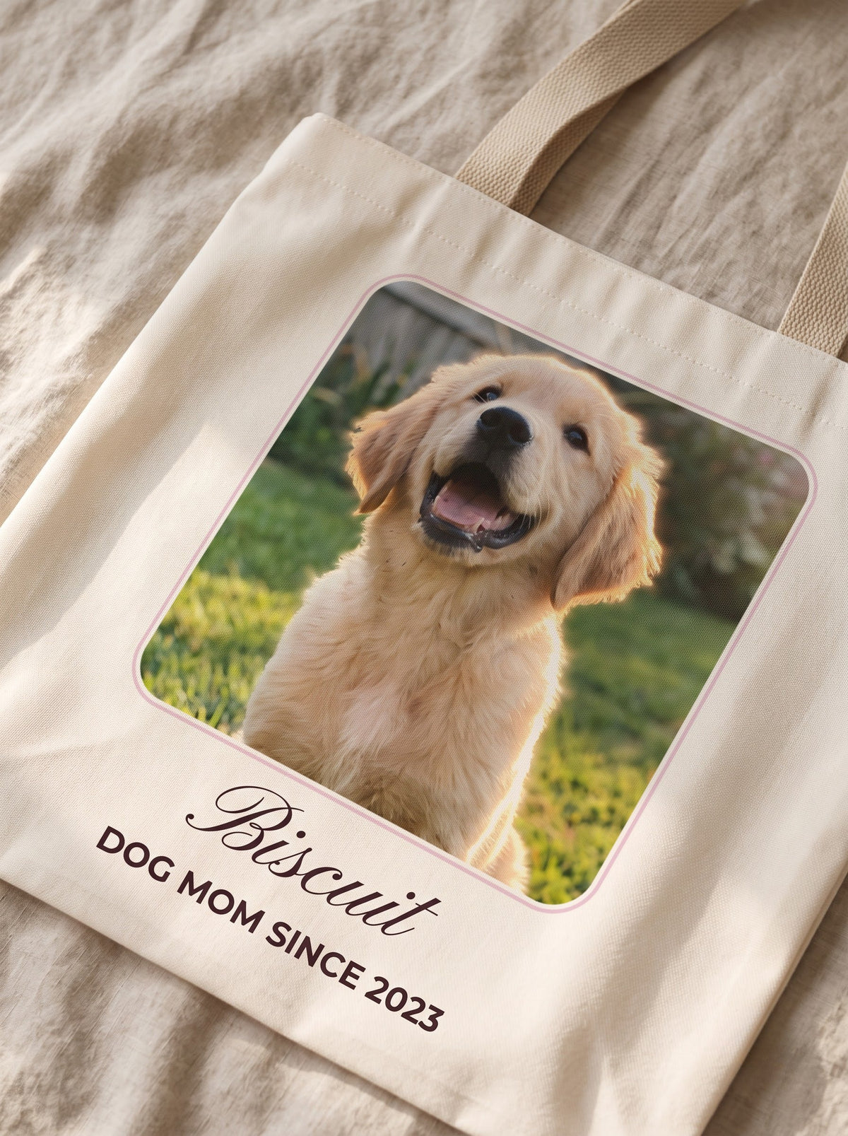 Close-up of the print in the canvas weave of a personalized pet tote bag