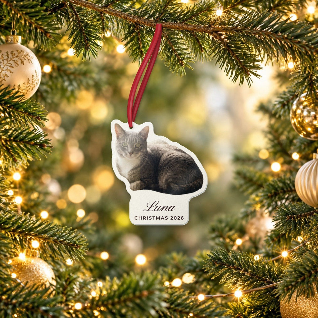Custom Pet Photo Ornament, Cut to Shape, acrylic, 3.5 in, live preview with a sample photo