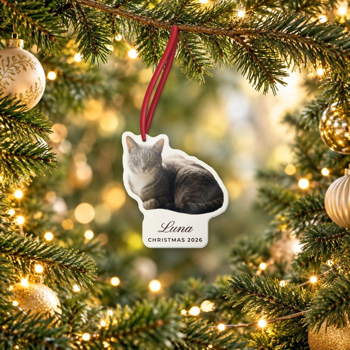 Custom Pet Photo Ornament, Cut to Shape, acrylic, 3.5 in, live preview with a sample photo