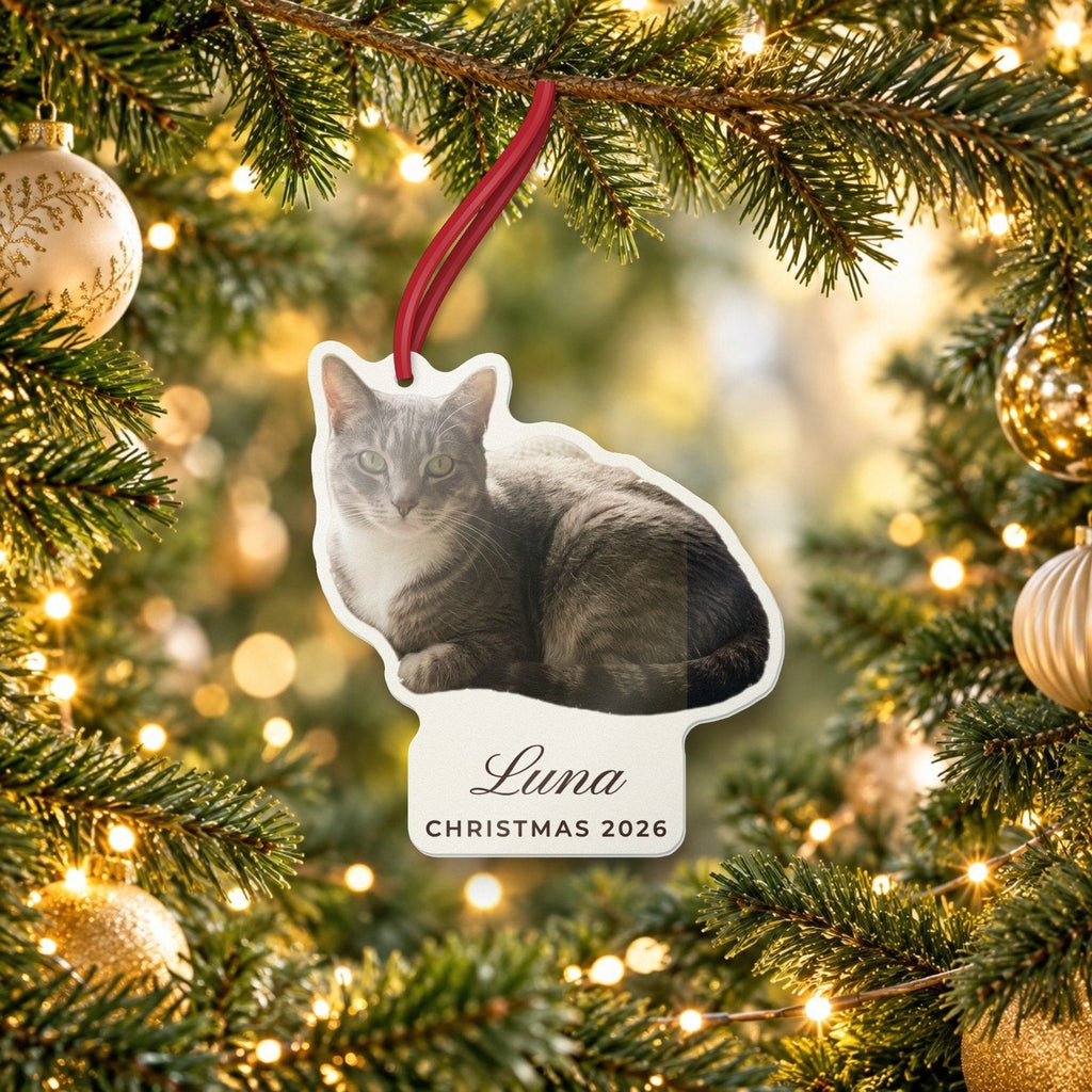 Custom Pet Photo Ornament, Cut to Shape, acrylic, 5 in, live preview with a sample photo
