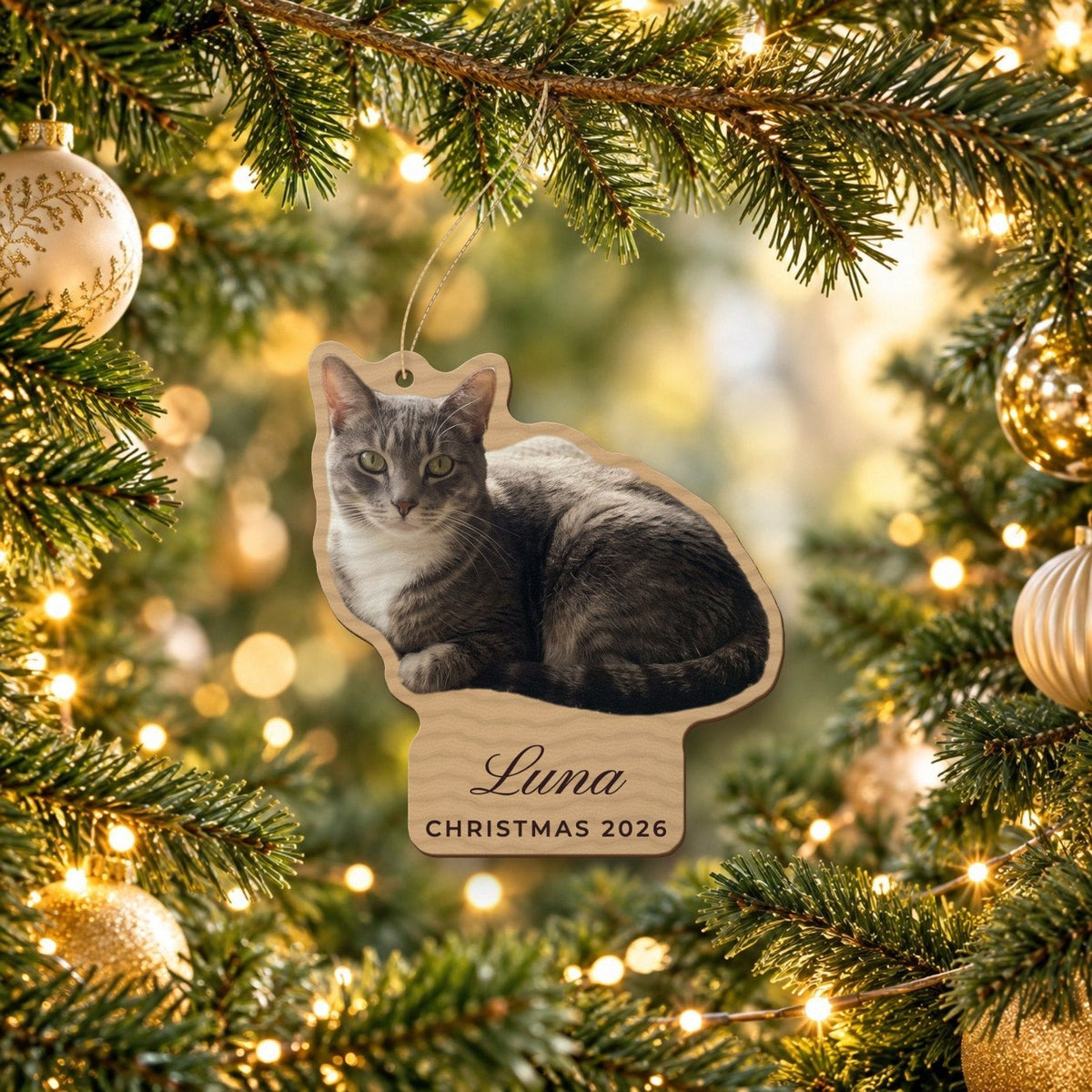 Custom Pet Photo Ornament, Cut to Shape, wood, 5 in, live preview with a sample photo