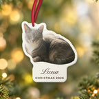 Custom Pet Photo Ornament, Cut to Shape, close-up of the personalised print