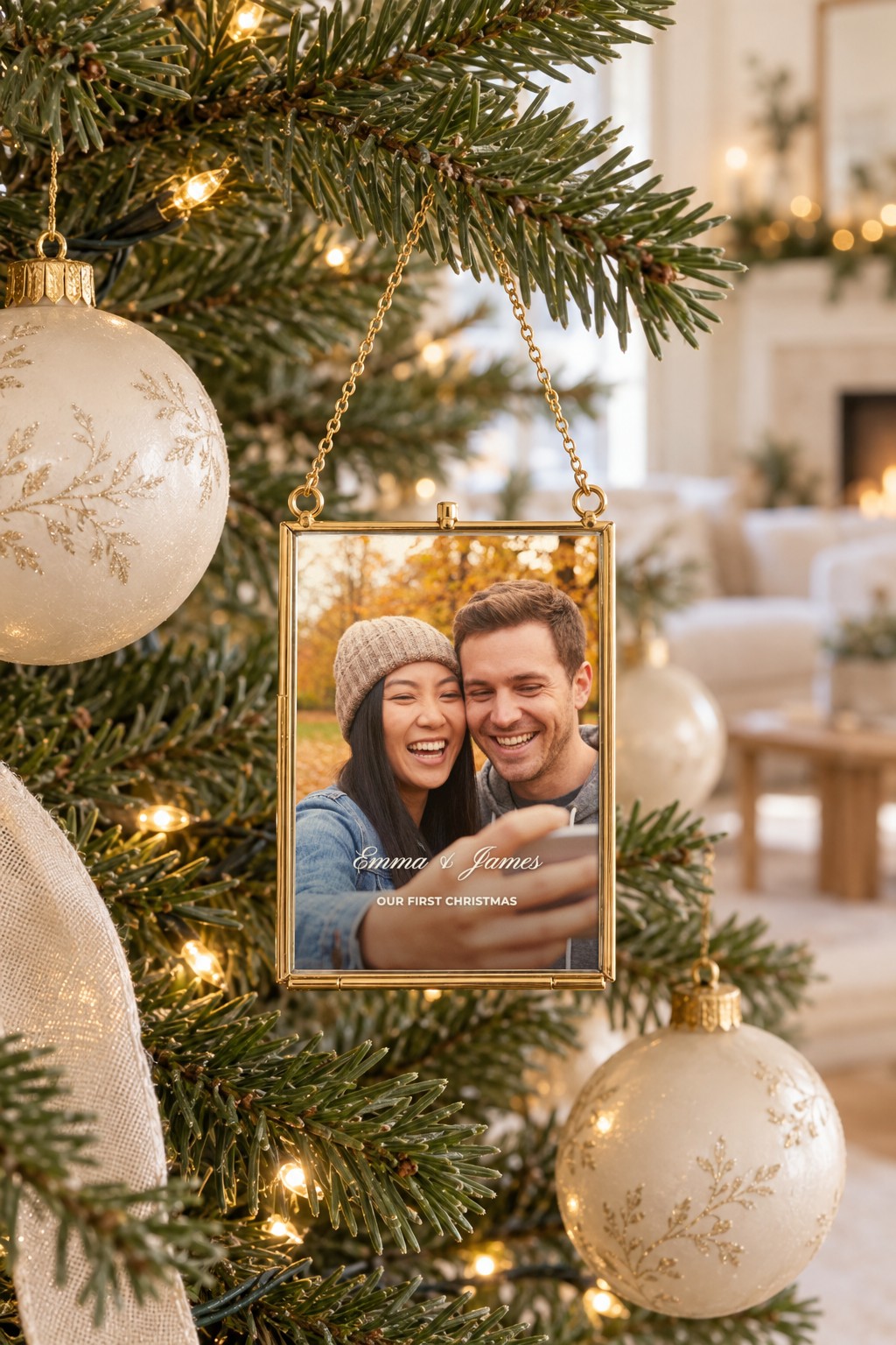 Gold-edged glass frame ornament with a couple selfie, Emma & James and Our First Christmas, on a gold chain on a lit Christmas tree