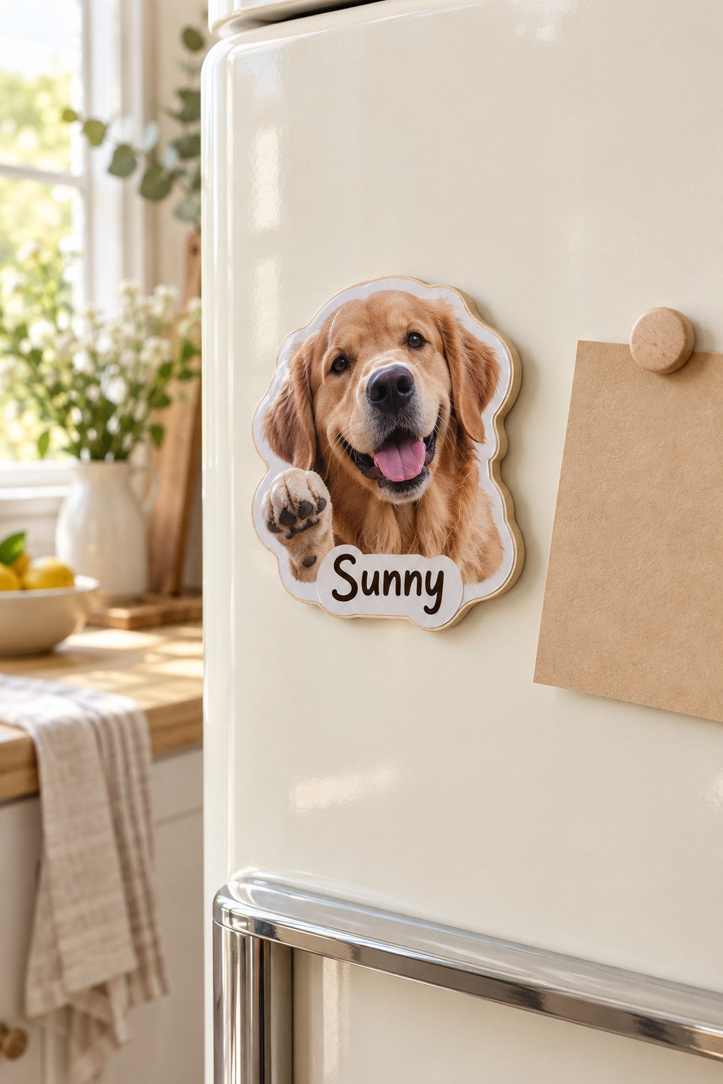 Fridge magnet cut to the shape of a golden retriever waving a paw with the name Sunny, on a cream refrigerator door