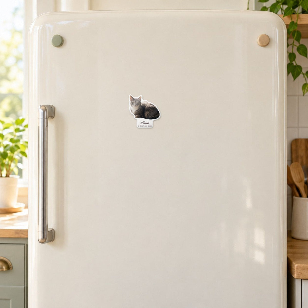 Custom Pet Photo Fridge Magnet, Cut to Shape, 3.5 in, live preview with a sample photo of Luna
