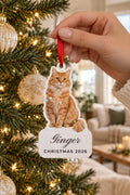 Holographic acrylic ornament of a ginger cat, Ginger and CHRISTMAS 2026 on its white tab, held by a red ribbon beside a Christmas tree