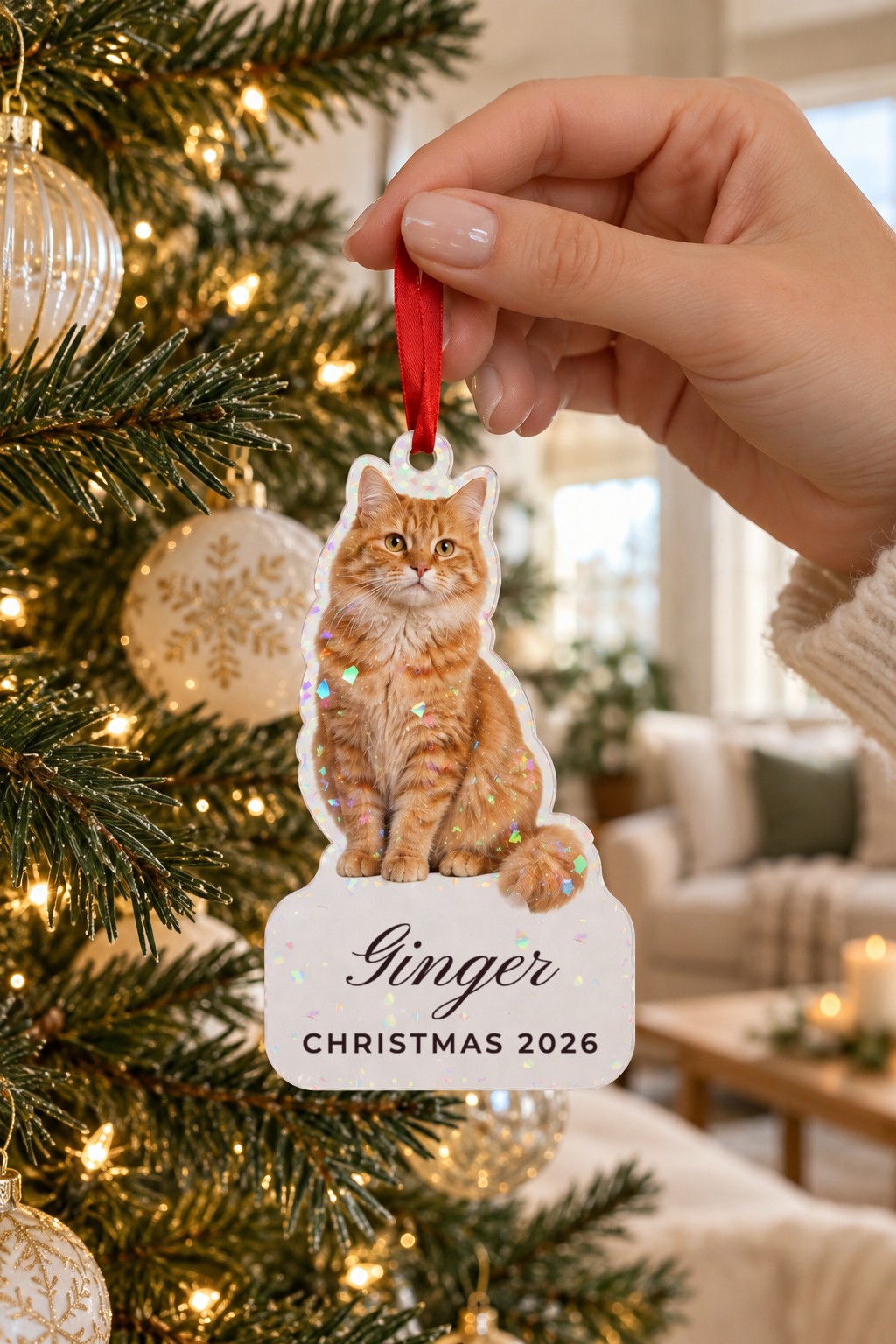 Holographic acrylic ornament of a ginger cat, Ginger and CHRISTMAS 2026 on its white tab, held by a red ribbon beside a Christmas tree
