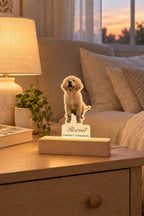 Edge-lit acrylic night light of a golden retriever puppy, Biscuit and SWEET DREAMS on its tab, in a pine LED base on a side table