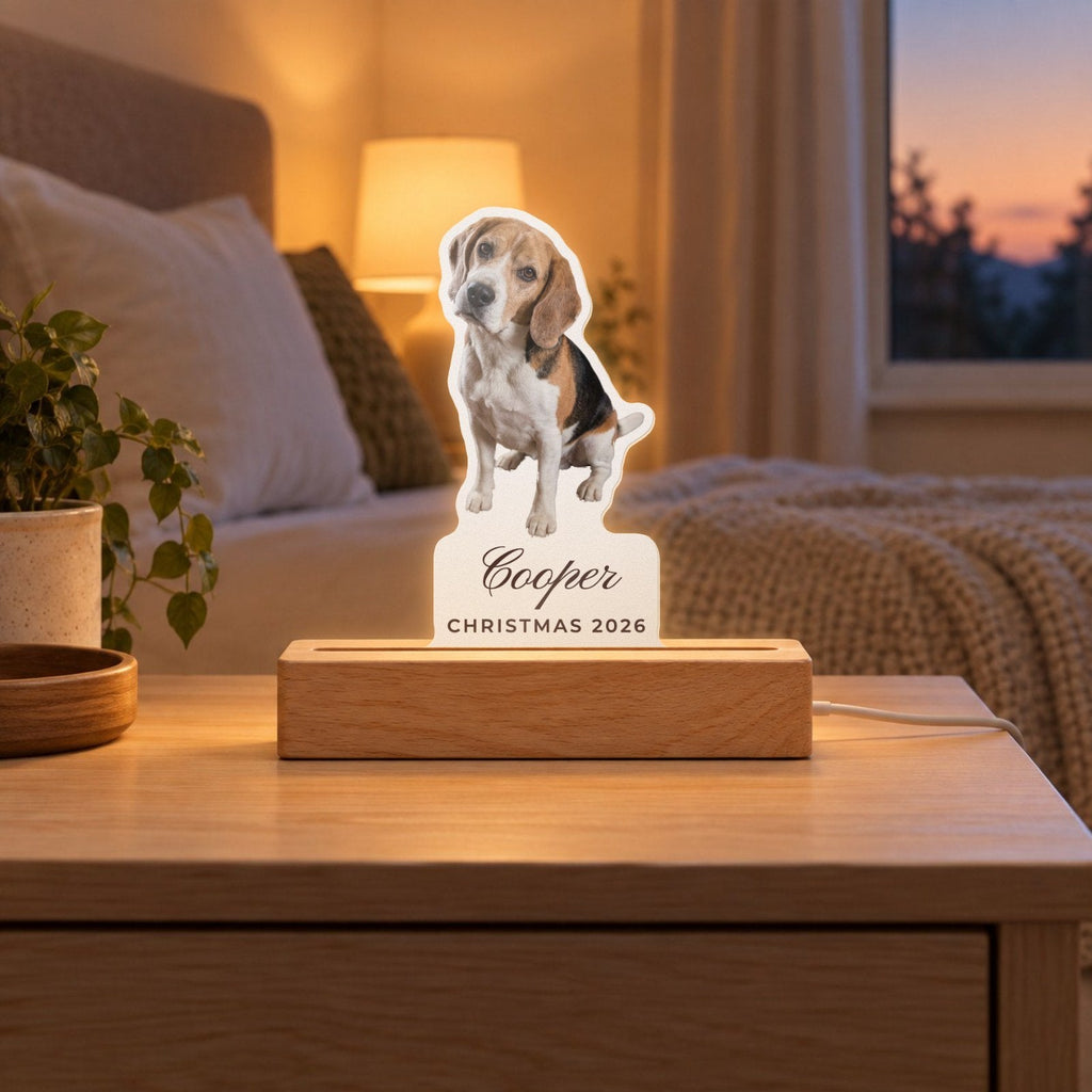 Custom Photo Night Light with Name, 6 in warm, live preview with a sample photo of Cooper
