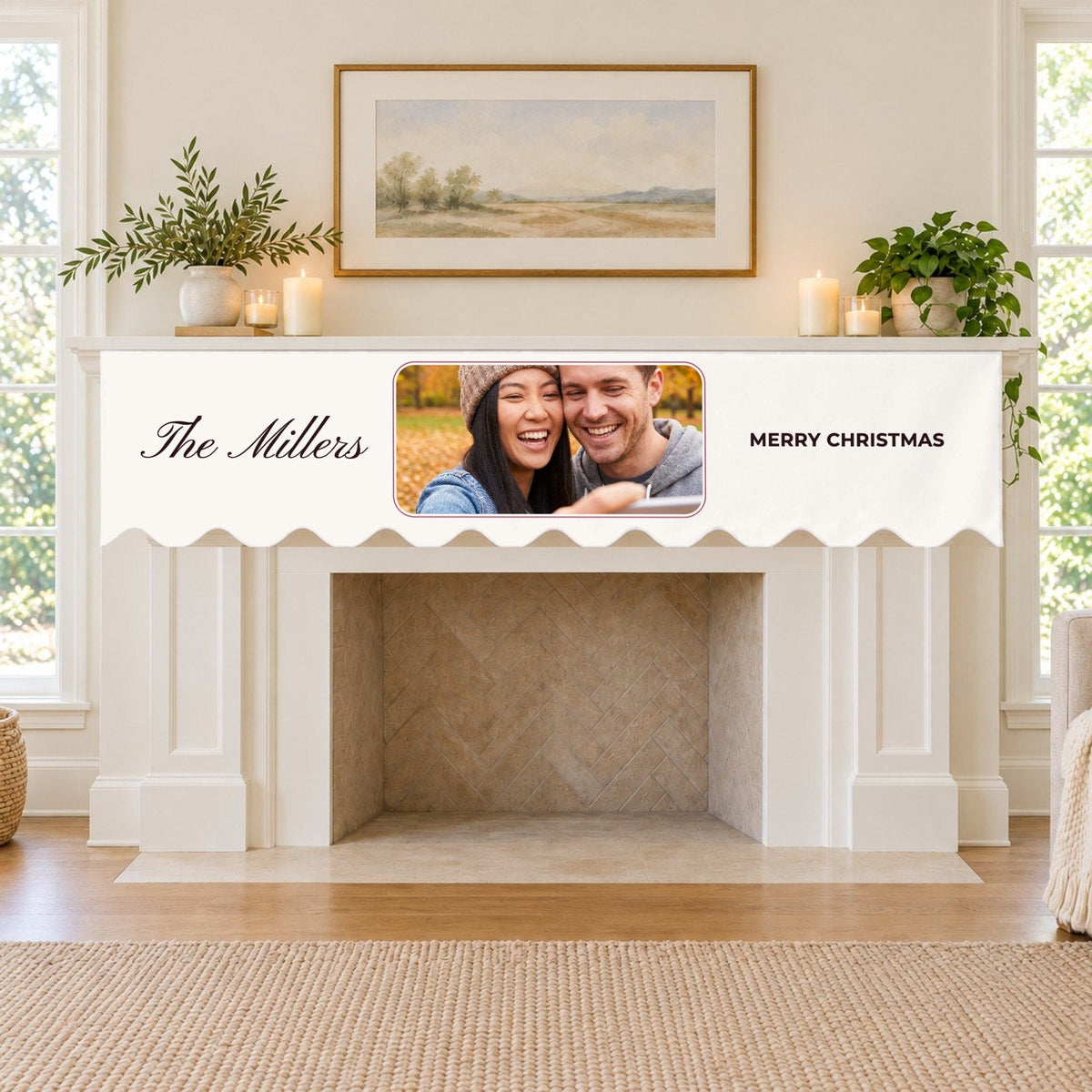 Custom Photo Fireplace Mantel Scarf with Name, example personalised design