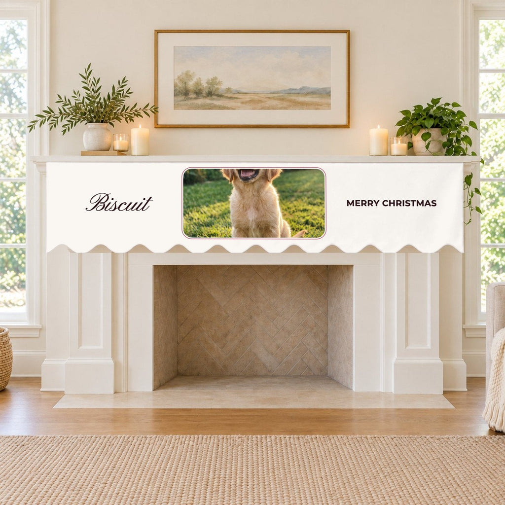 Custom Photo Fireplace Mantel Scarf with Name, 79 x 17 in, live preview with a sample photo